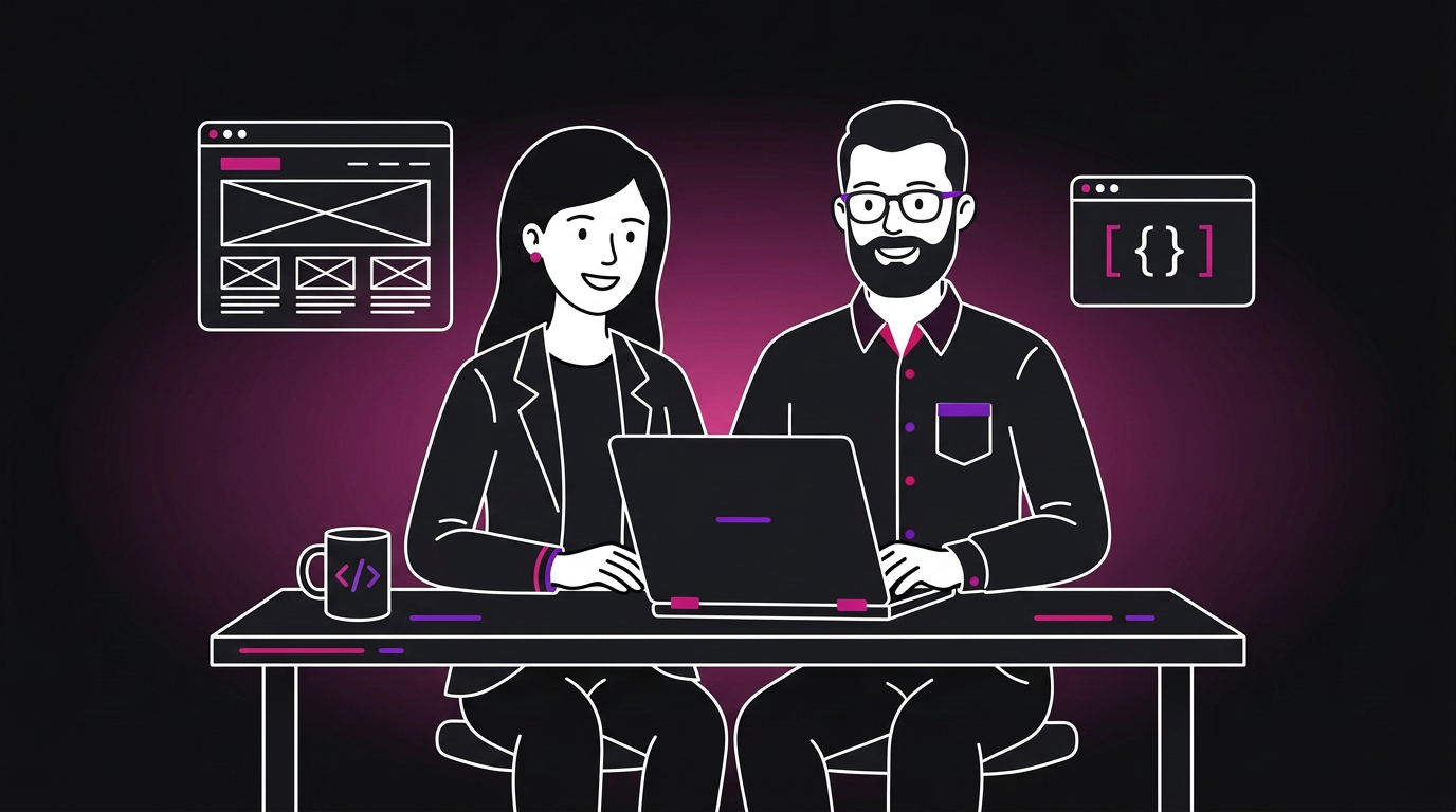 Illustration: a developer surrounded by app screens